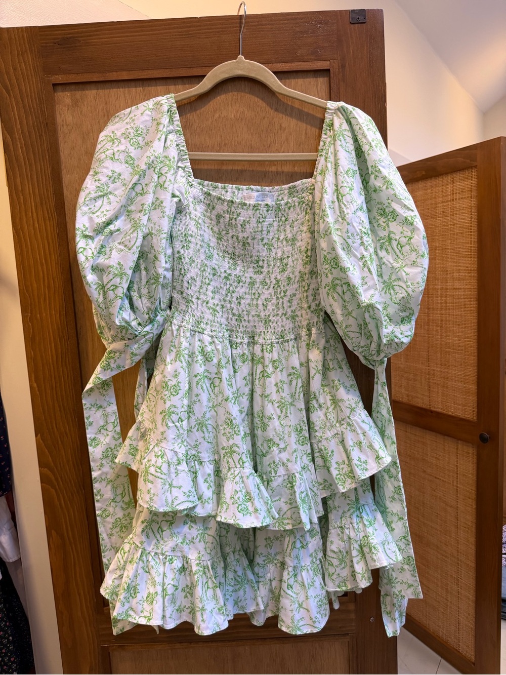 Caroline Constas Smocked Puff Sleeve Mini Dress in Green Floral